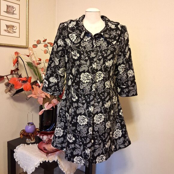 NEW Women’s Elegant Pea Coat Black White Floral Lined Trench Coat ¾ Sleeve 12 L - Picture 1 of 9